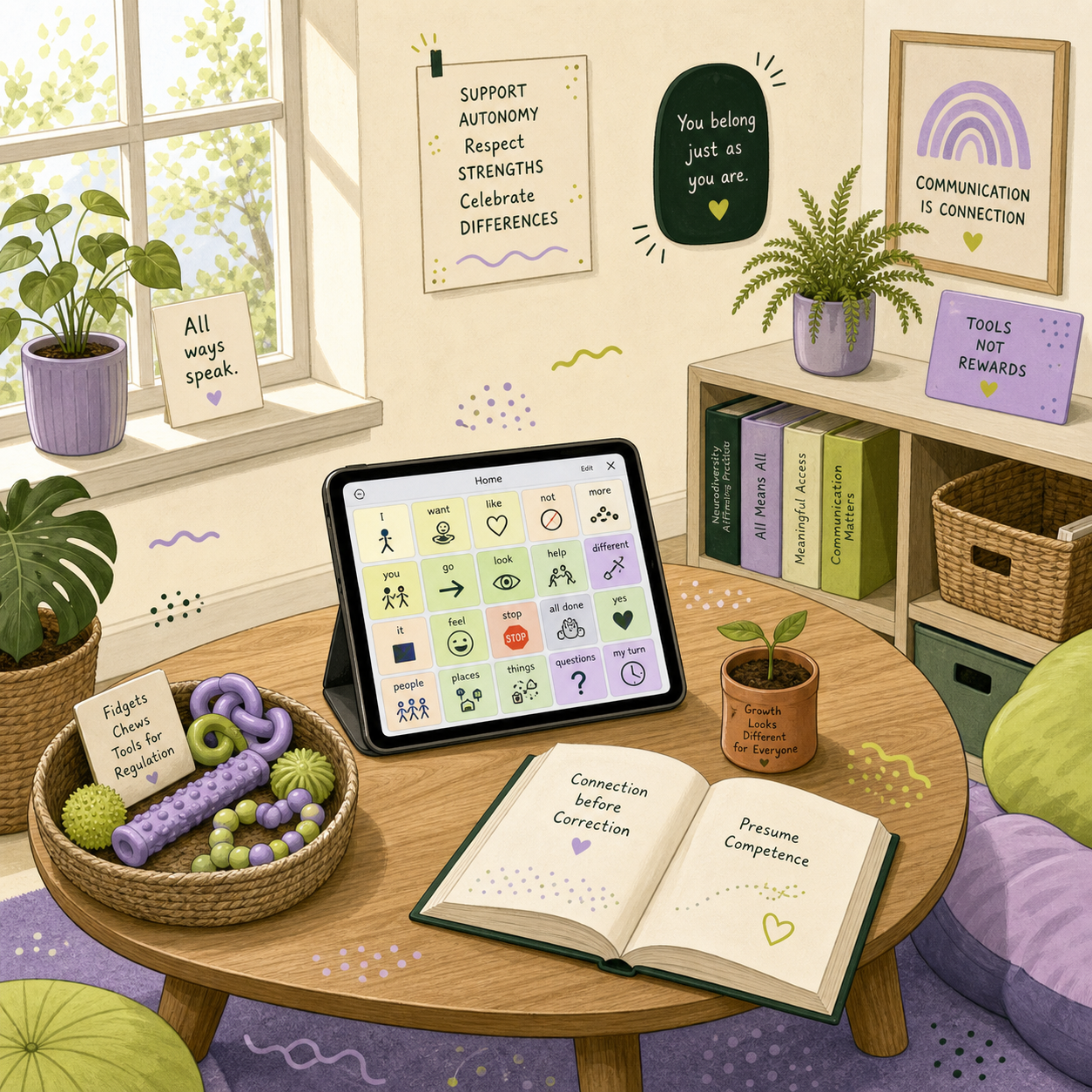 Illustrated overhead view of a Speech Sprout clinic corner — a tablet with an AAC speech grid, a basket of fidgets and chews, an open book about connection, plants and affirming wall art.