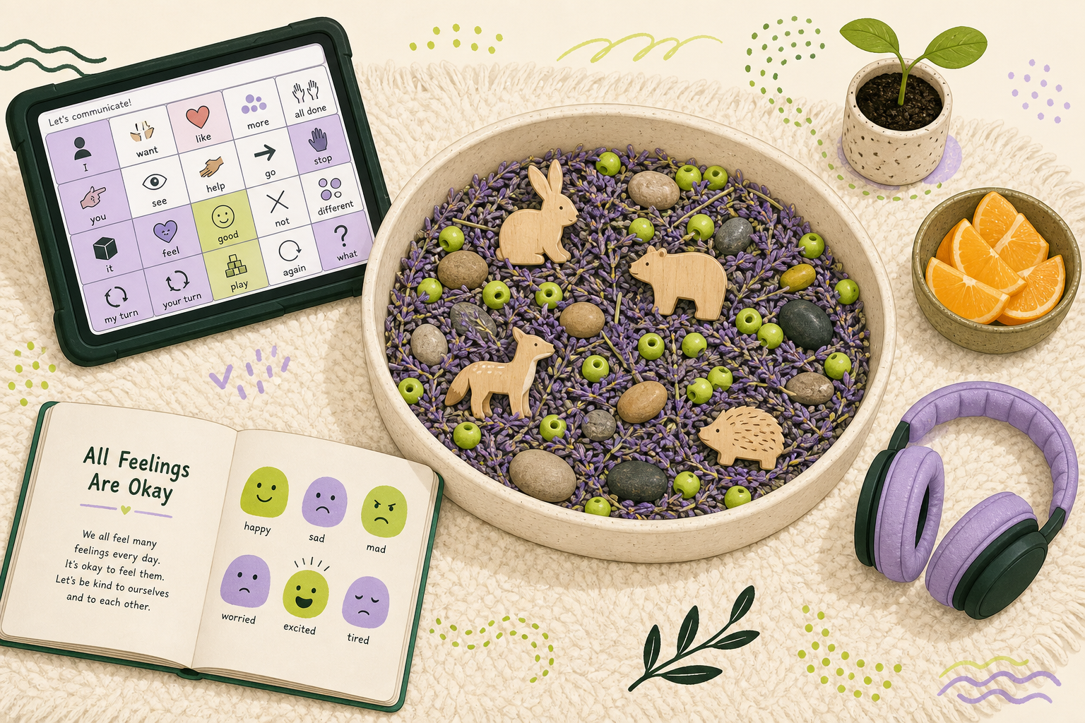 Illustrated top-down view of a Speech Sprout session — a wide sensory bin with dried lavender, wooden beads and small animal figures, an AAC tablet, a picture book about feelings, headphones and a snack bowl on a cream rug.