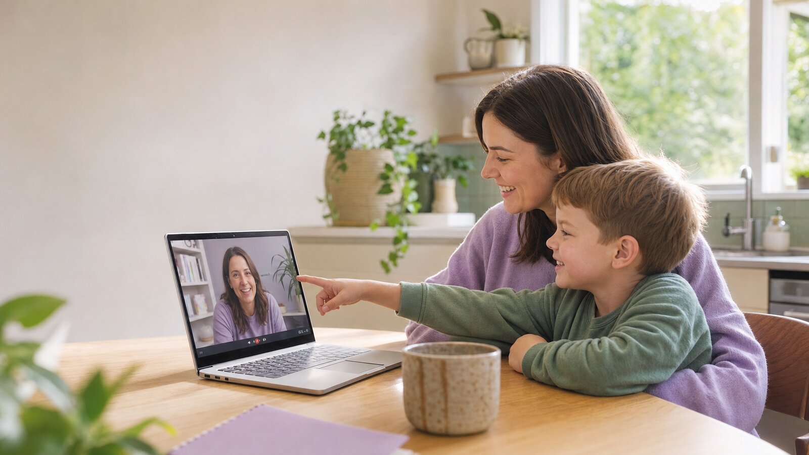 A mum and her 5-year-old son on a telehealth speech therapy session, smiling at the speech pathologist on a laptop at their kitchen table